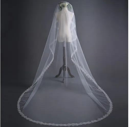 Роскошная Длинная свадебная вуаль, однослойные кружевные аксессуары WF915