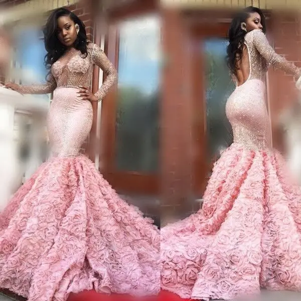 
ZH1503X Gorgeous Pink Long Sleeve Prom Dress Sexy See Through Long Sleeve Open Back Mermaid Evening Gowns Formal Party Dress 