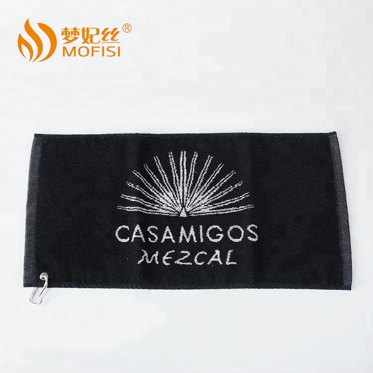 100% cotton Yarn dyed jacquard logo woven sport face towel custom black golf gym hand towels with grommet hooks