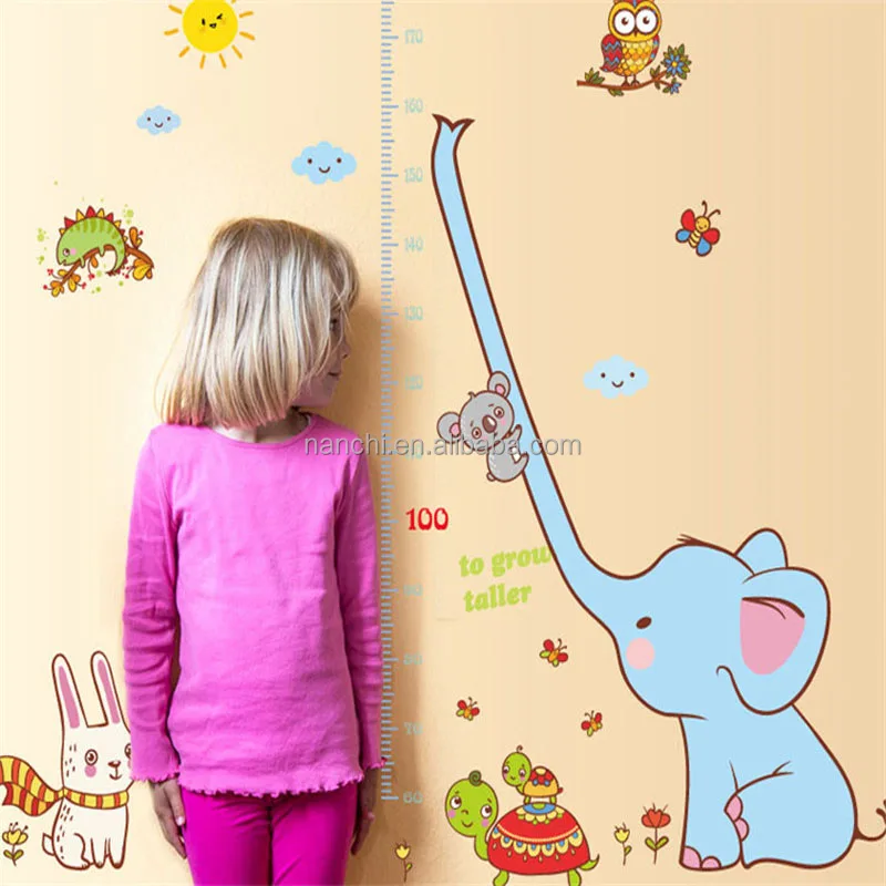 Cute Elephant Animals Stack Height Measure Wall Stickers Decal Kids Adhesive Vinyl Wallpaper Mural Baby Kids Room Nursery Decor
