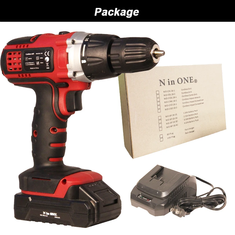 
NinONE 18V Li-Ion 2.0A Battery Double Speed 45Nm High Performance Cordless Drill 