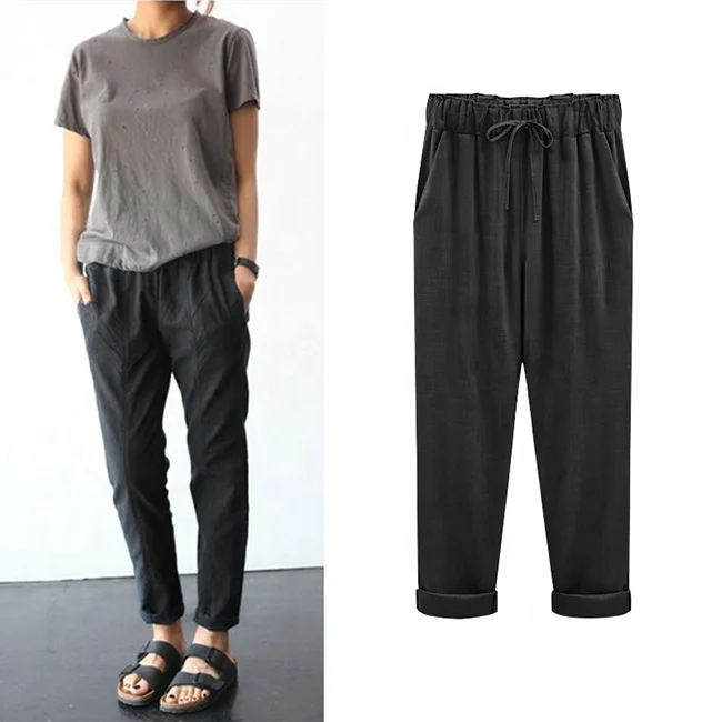 
Cotton and linen fertilizer plus-size loose thin linen nine minutes of pants 