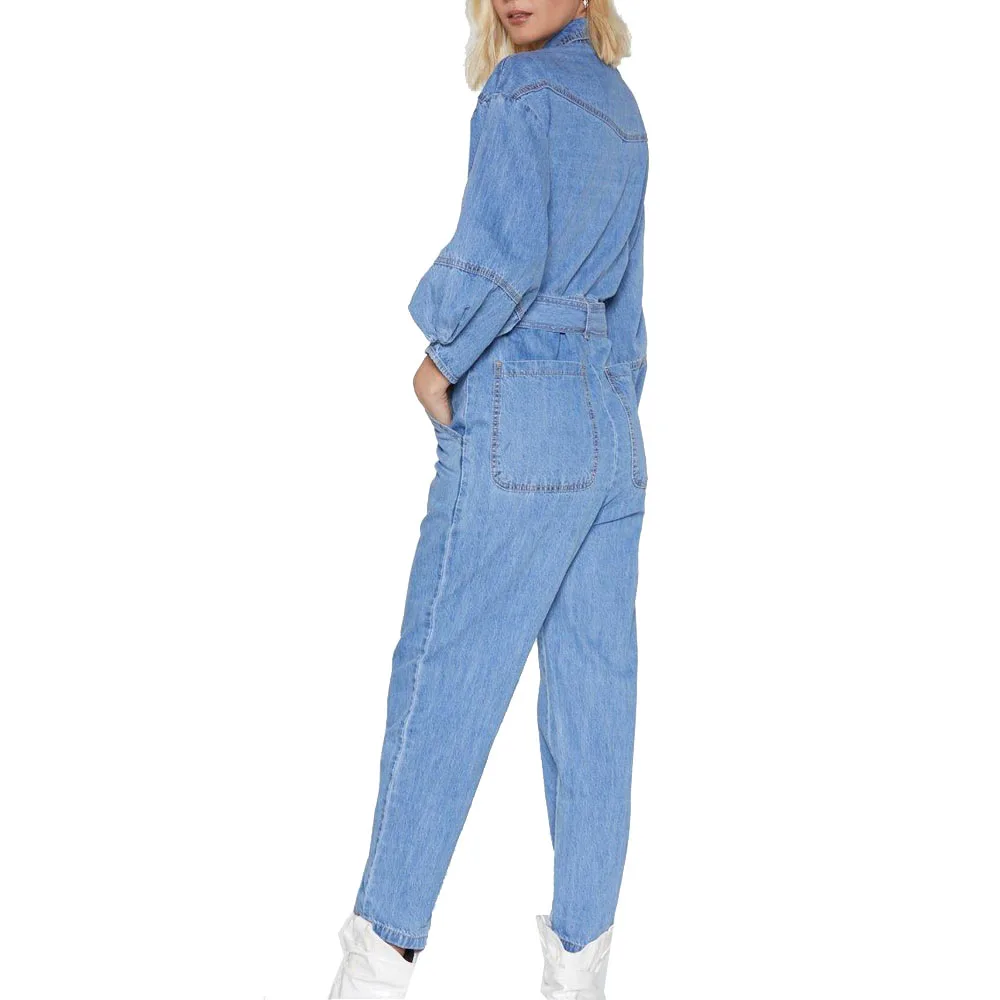 2019 Hot sale  long sleeve blue Rompers for women  tie belted casual loose washed denim jumpsuits
