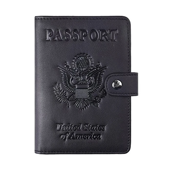Custom Embossed with RFID Blocking Passport Holder Fancy PU Leather Passport Wallet Cover Case with Button