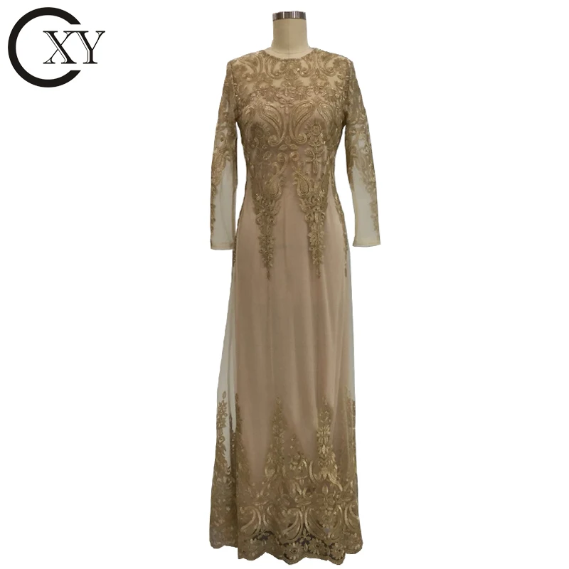 Customize Ladies Elegant Aline Long Sleeve Gold Lace Evening Dresses