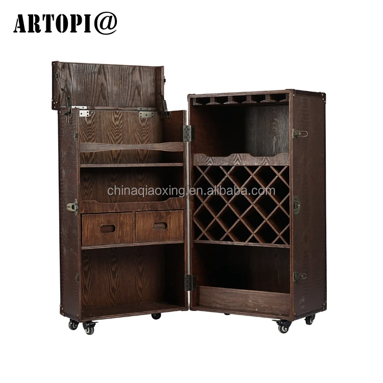 Vintage Luxury Decorative PU Furniture Bar Whisky Wine Drinks Shelf Display Cabinets With Casters