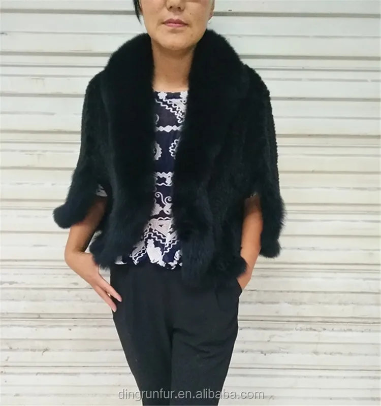 
Women real fur Cape Knitted Mink Fur poncho with fox fur trim 
