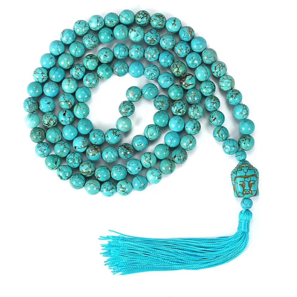 Yoga Meditation 108 Tibetan Buddha Head Natural Long Turquoise Meditation Healing Stone Prayer Buddhist Mala Beads Warp Bracelet