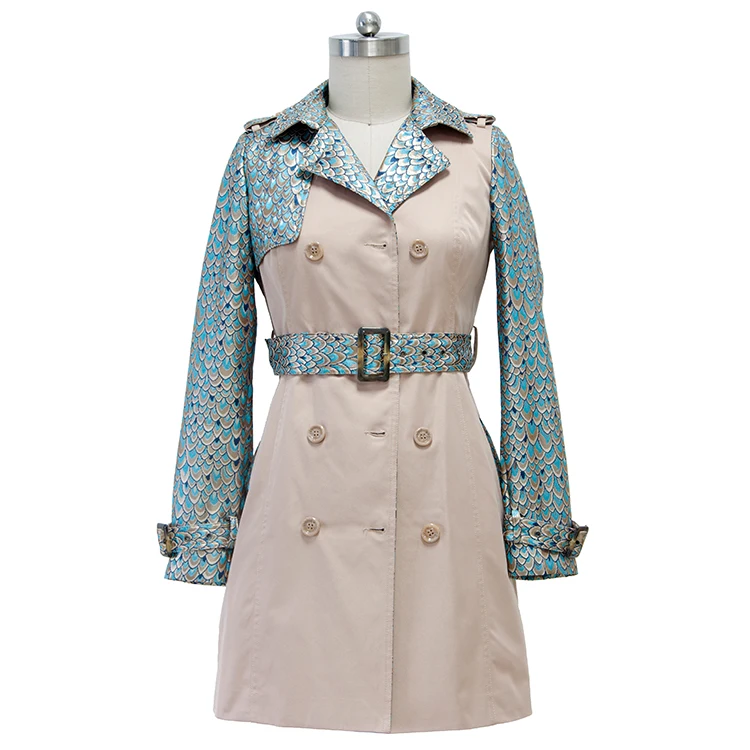 
OEM New Arrival Design Fashion Feather Pattern Trending Spliced Embroidery Boutique Trench Coat 