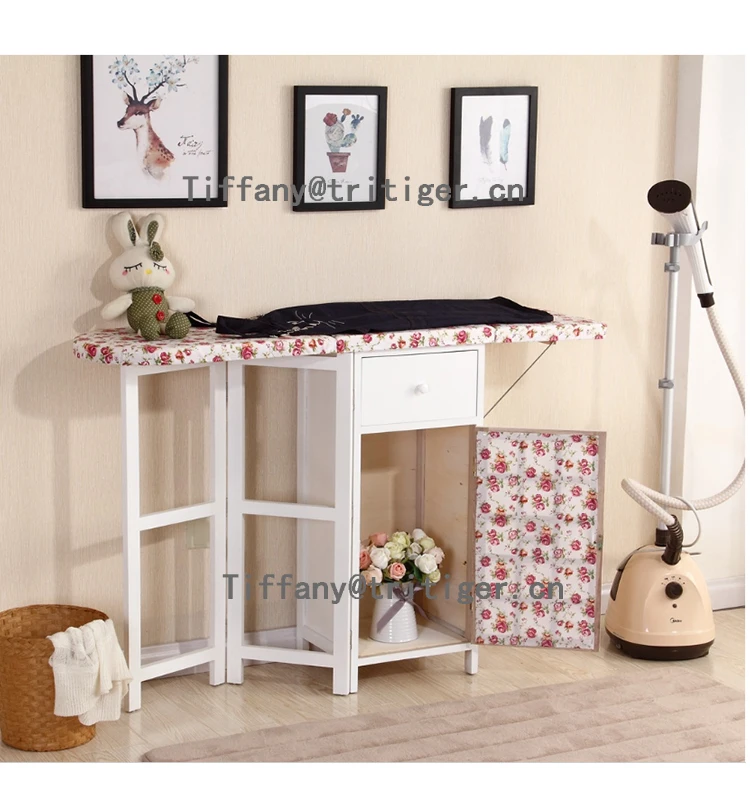 Antique White Foldable Iron Table modern Wicker Wood cabinet with Ironing Board