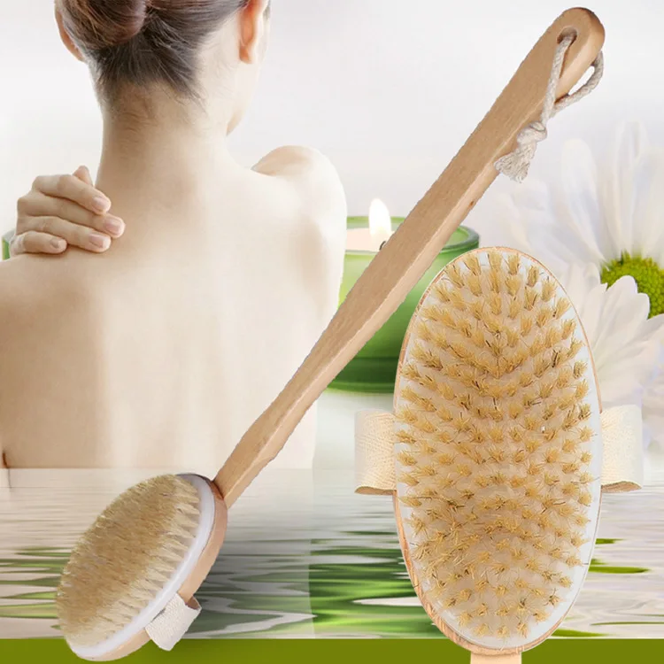 Bath Brush Long Wood Handle Reach Back Body Shower Bristle Scrubber Spa Bathroom