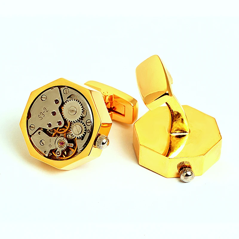 Gold plated mechanical cufflinks watch movement