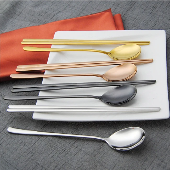 Long Handle SS304 Spoon Chopsticks , Stainless Steel Korean Style Cutlery