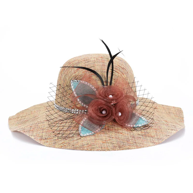 Китайский производитель новый стиль летний солнцезащитный козырек sinamay элегантная женская церковная шляпа с широкими полями и цветком