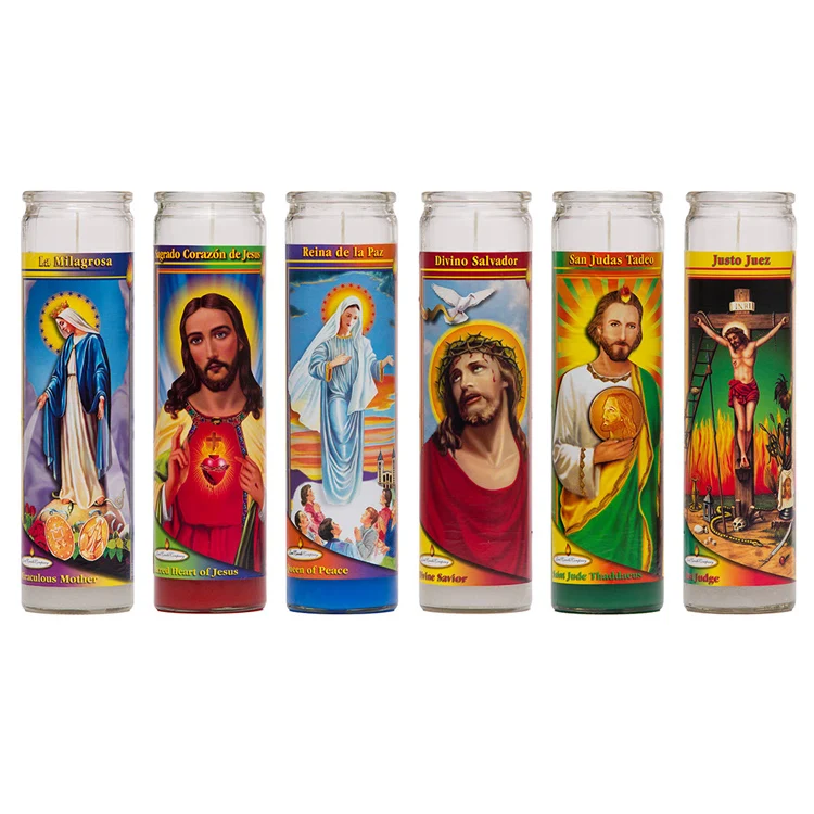 1-7 day burning time paraffin wax filled Christian Religious Candle with glass jar candle holder