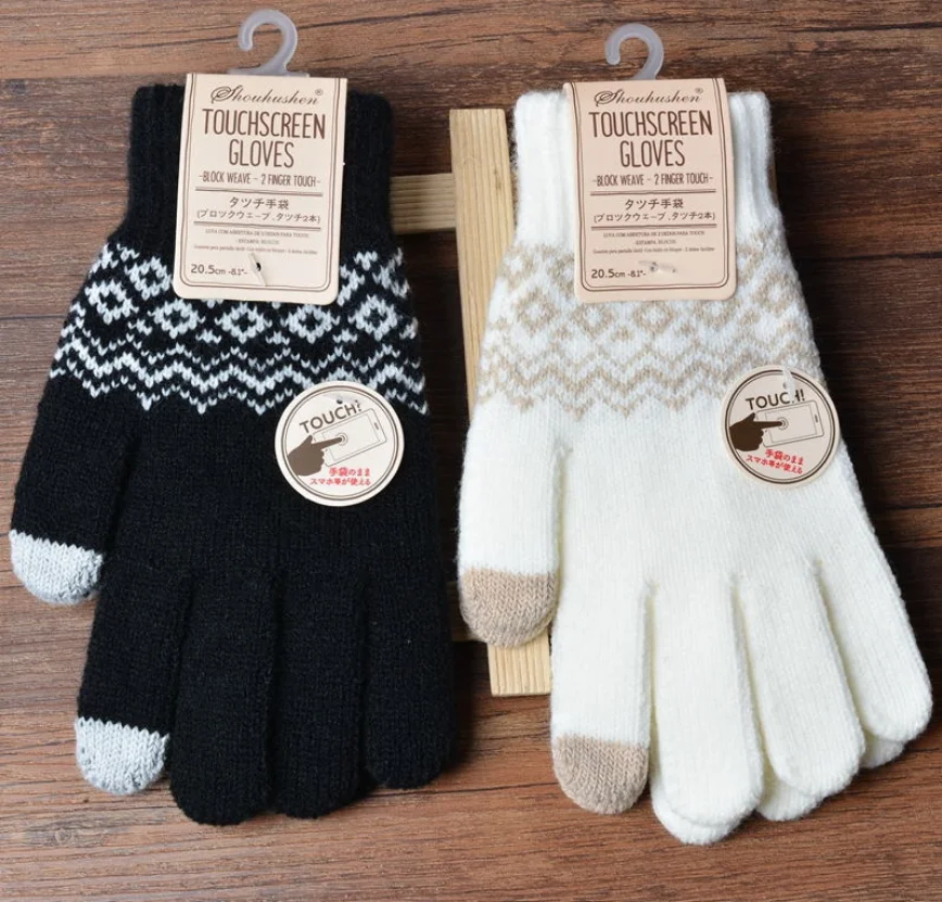 Дешевые зимние теплые жаккардовые перчатки для сенсорного экрана с двумя пальцами