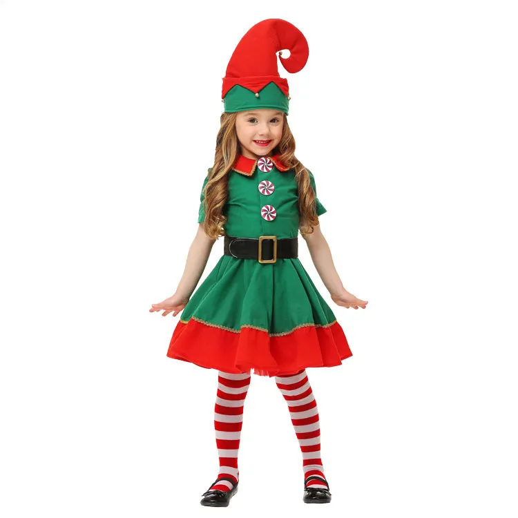 Wholesale long Sleeve Green and Red Adults Kids Elf Christmas Costume