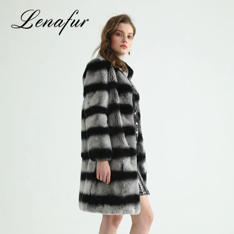 Fashion Custom Made Black Gray Stripe One Whole Leather Real Rabbit Fur Coat for Women
