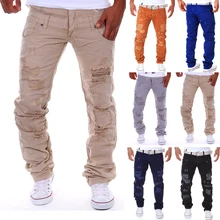 2016 men’s fashion casual ripped long Hole design cargo pants /male double waist decoration overalls trousers