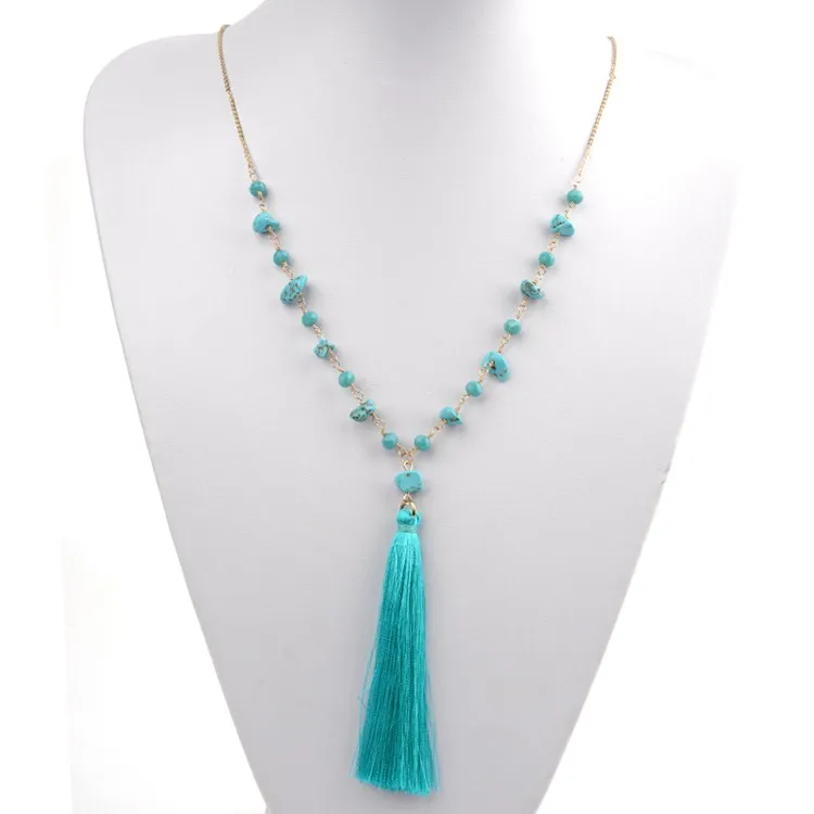 Wholesale Red Yellow Blue Chips Stone Beaded Tassel Necklace