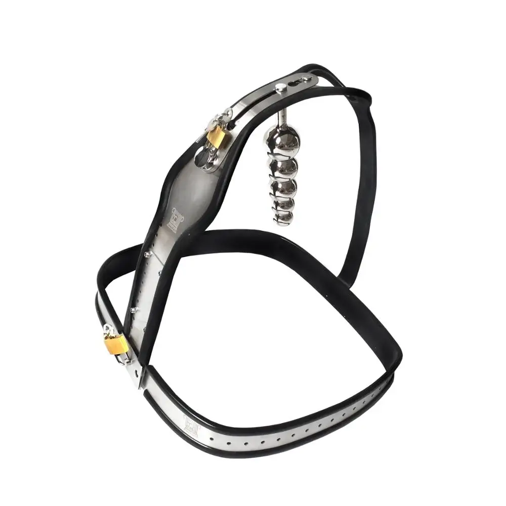 Black emperor SM stainless steel female chastity belt with 2 plugs wholesale of adult products