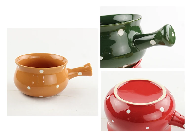 Creativity Stoneware Single Handle Breakfast Salad Bowls Bright Color Dot Design Ceramic Soup Bowl With Handle Oven Safe
