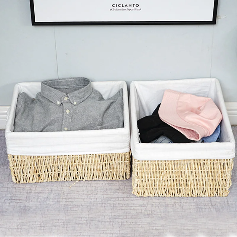 Eco-friendly Rectangle Bread Fruit Hand-woven Box of Food Chips Storage Basket Wooden Storage Basket with Fabric Lining