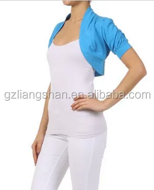 OEM Custom Wholesale Bolero Cropped Shrug Jacket Cardigan Ruched Short Sleeve Stretch Cotton Top Shrug Designs for Women