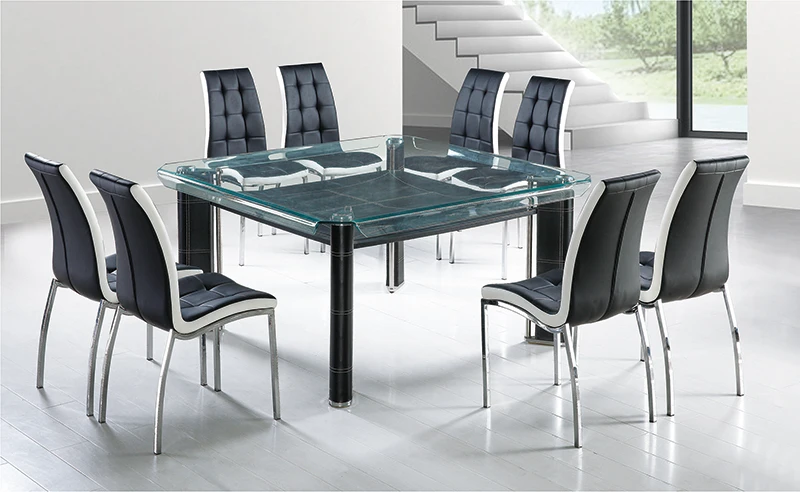 wholesale china 10mm 8 or 10 seater modern cheaper ali crystal glass top dining table set