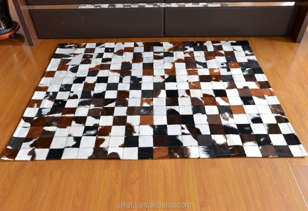 Faux patchwork cowhide carpet, brown printed pattern cow skin carpet