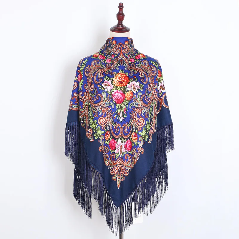 Wholesale 2019 hot sale large size russian shawl wraps 110cm vintage cashew floral print woman square russian blanket shawl