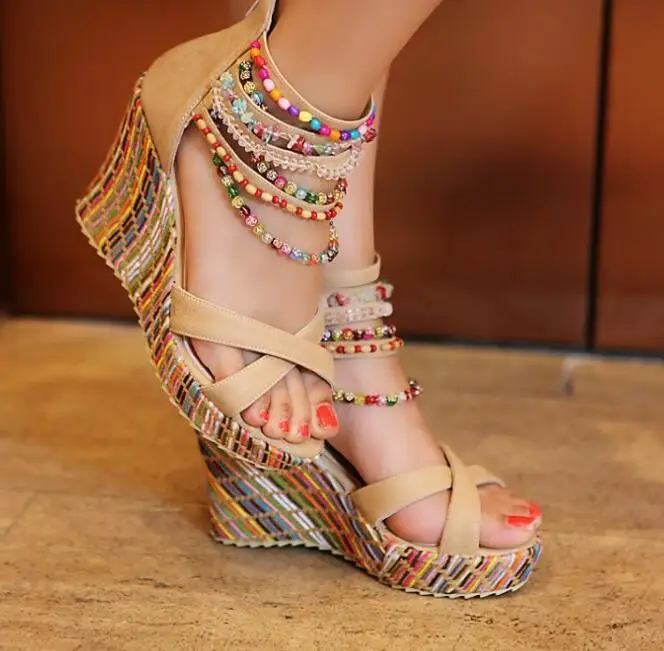 up-0053r Summer women platform sandals 43size new model bohemian style beaded women wedges shoes