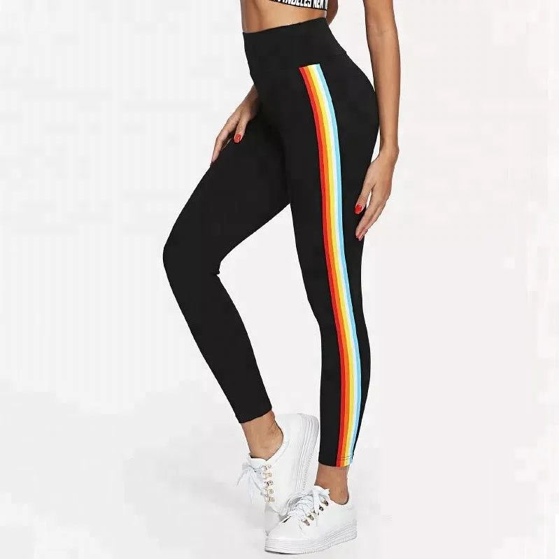 
Women Compression Spandex Fabric Plus Size Rainbow Stripe Yoga Legging 