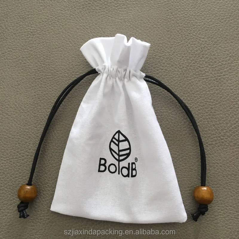 White Cotton Drawstring Pouch With Bead