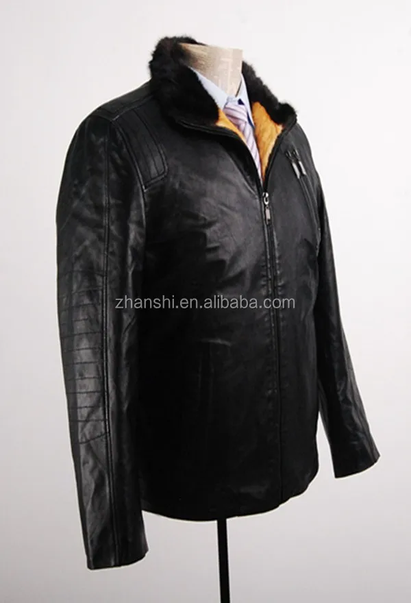 Russian Style Men Winter Black Leather Coats With Fur Collar And Lining