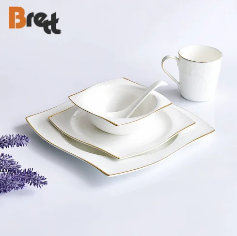 Brett  Square Gold Rim Porcelain Dish Plate Wholesale Bulk High Standard Bone China Plate  Dinnerware For Restaurant