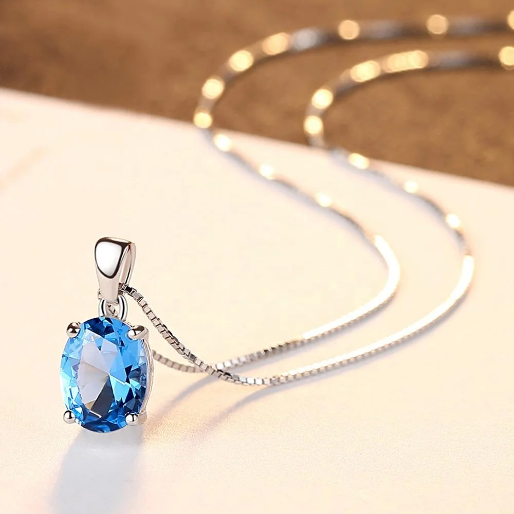 CZCITY Sky Blue Topaz Stone Pendant Oval Shape Natural Stone 925 Sterling Silver White Gold Plated Chain Necklace for Women