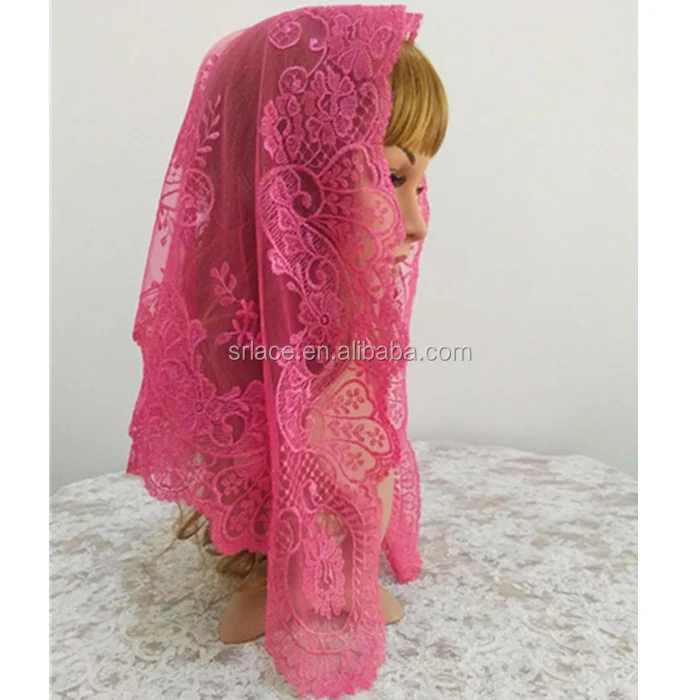 Hot Pink Embroidery Spanish Lace Mantilla Cathedral Chapel Lace Veil
