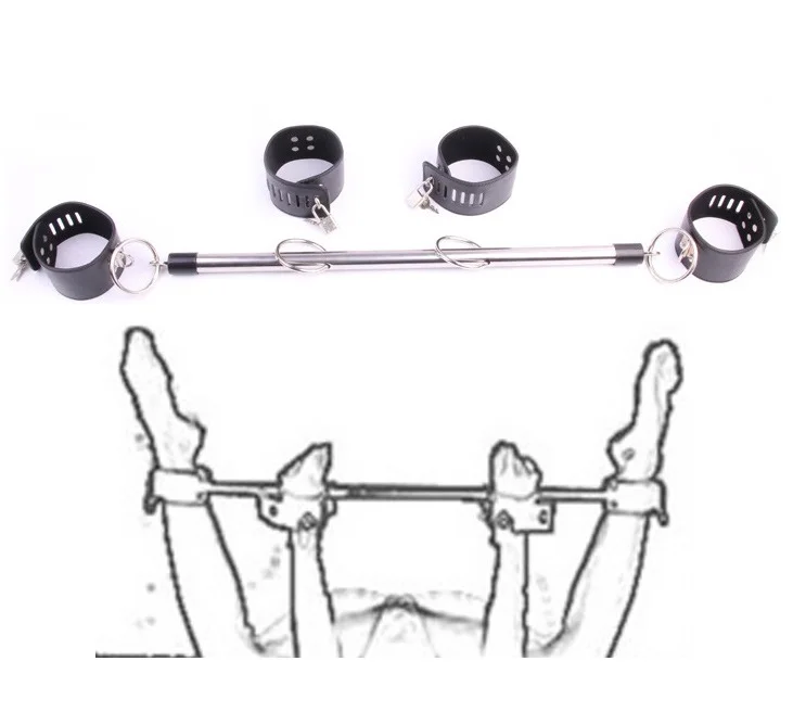 Adult SM Fetish BDSM Bondage Stainless Steel Spread Bar with PU Hand Cuff Wrist Cuff Ankle Cuff Restraint