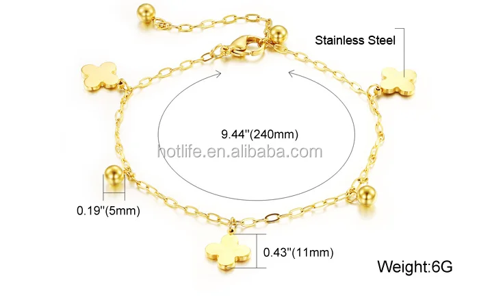 18K gold plated jewelry four leaf clover charms foot gold anklets for women