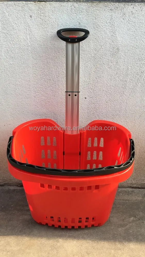 50L aluminum handle plastic shopping basket with 2 wheels