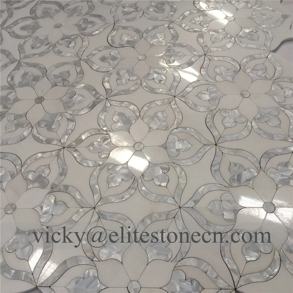 Thassos white marble mosaic flower designs ,mother of pearl flower mosaic ,seashell mix stone mosaic tile