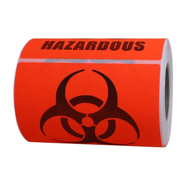 Hybsk Biohazard Warning Labels 4 x 4 inch Fluorescent Red-Orange Hazardous Stickers | 100 Labels/Roll
