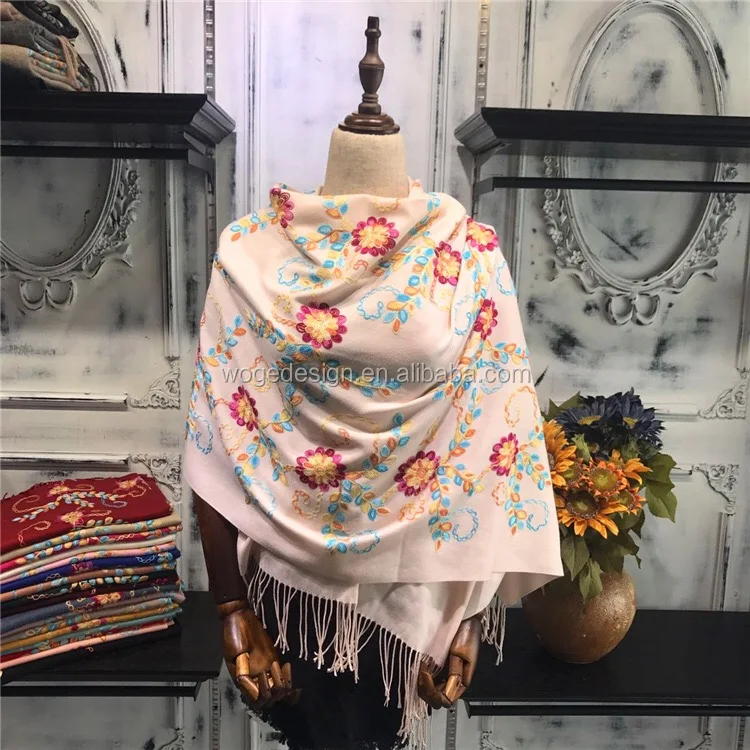 New stylish supplier nice womans twill acrylic shawls stoles echarpe cashmere feeling flowers embroidery winter pashmina scarfs