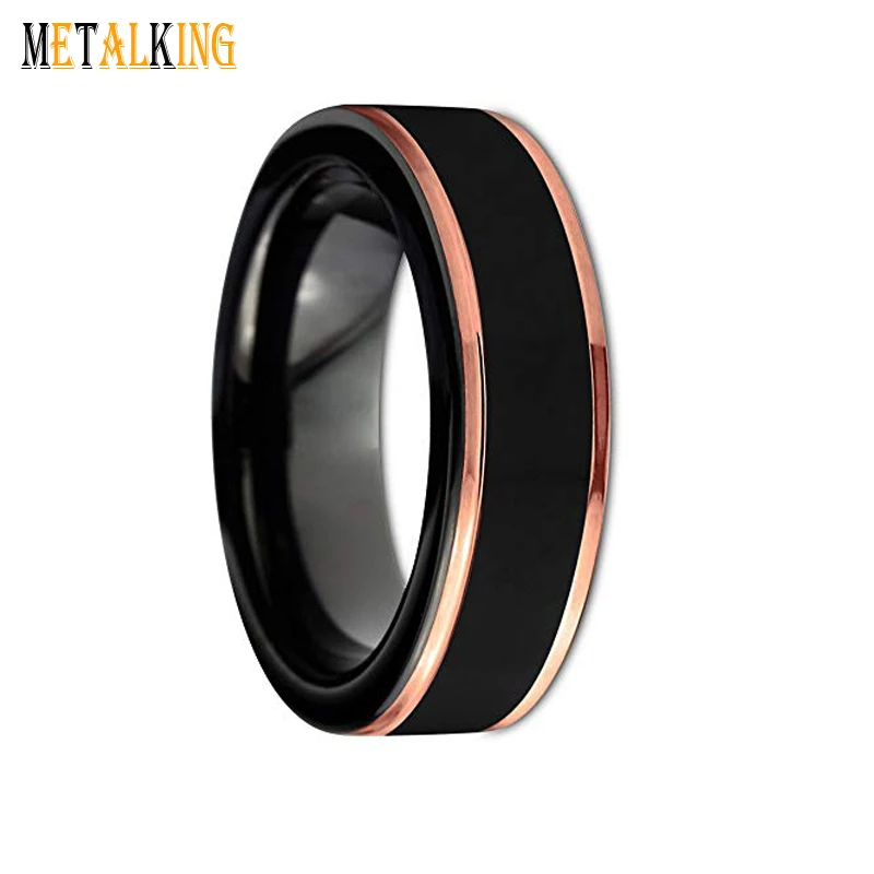 Mens and Womens Black and Rose Gold Stepp Edge Polished Tungsten Wedding Band Ring 6mm Comfort Fit
