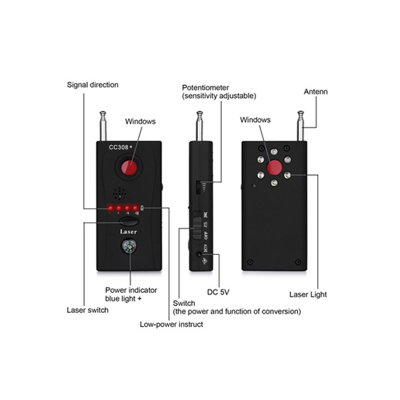 Wireless Cellphone 5G/4G/3G/2G Signal Detector RF Bug Detector+Auto Search Alarm+GPS Tracker Finder