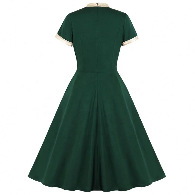 2019 Solid Women Retro Dress Short Sleeves Pleated Vintage Dress