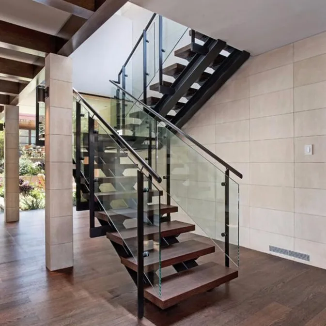interior stair with tempered glass balustrade solid wood stair handrail dual stringer stair