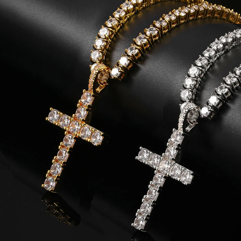 Religious Ornaments Christianity Tennis Diamond Big Cross Pendant Necklace