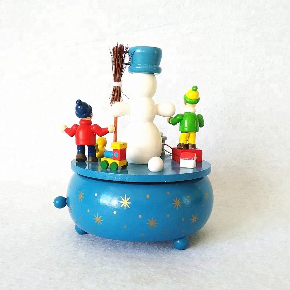 
Wooden Christmas decorations round wind up snowman musical box for gift 